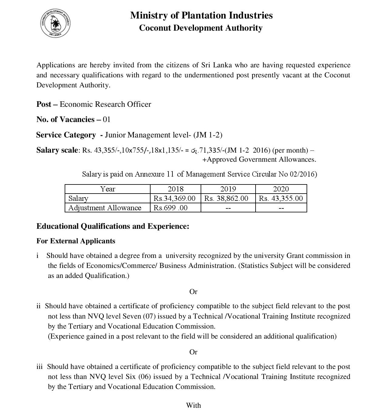 Economic Research Officer - Coconut Development Authority